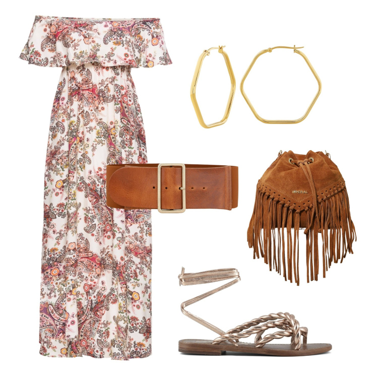 Outfit donna - Maxi dress e frange. Stile Etnico per Tutti i giorni. Abbinamento con vestiti lunghi, orecchini, borse a secchiello, cinture, sandali.