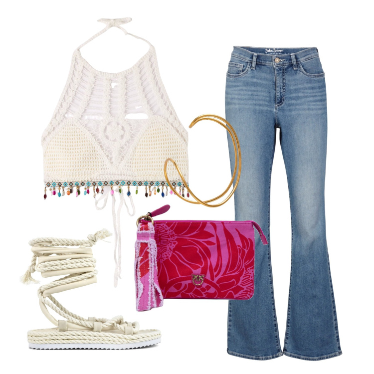 Outfit donna - Top crochet. Stile Etnico per Tutti i giorni. Abbinamento con jeans bootcut, top, sandali, pochette, braccialetti.