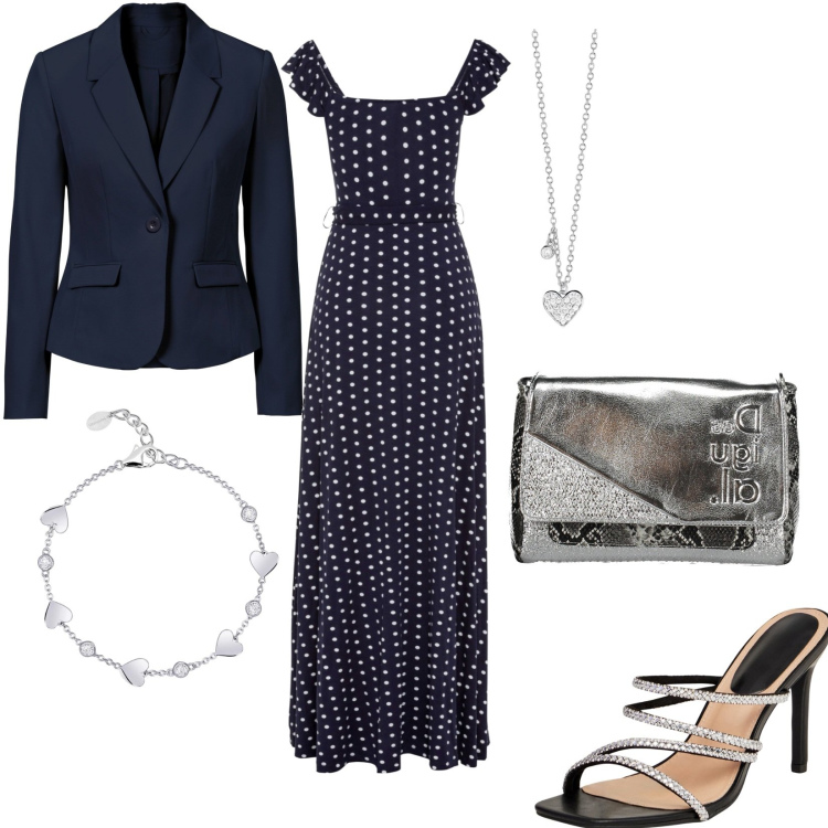 Outfit donna - Abito lungo con ruches e spacco. Stile Casual chic per Serata fuori. Abbinamento con blazer, vestiti lunghi, sandali col tacco, braccialetti, collane, borse a spalla.