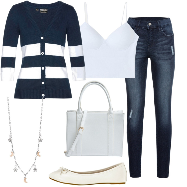 Outfit donna - Total look #1854849. Stile Casual per Tutti i giorni. Abbinamento con jeans strappati, cardigans, ballerine, top, shopping bag, collane.