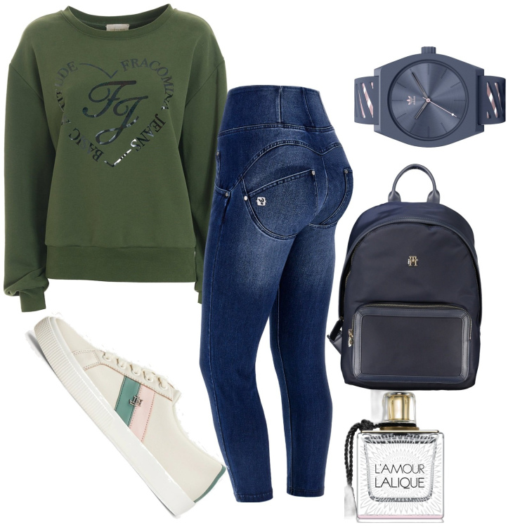 Outfit donna - Total look #1854880. Stile Casual per Tutti i giorni. Abbinamento con orologi, profumi, felpe, jeans strappati, sneakers, zaini.