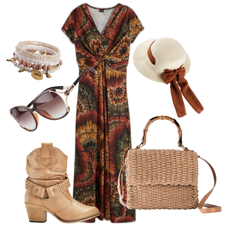 Outfit donna - Cowgirl in festa. Stile Etnico per Serata fuori. Abbinamento con vestiti lunghi, braccialetti, occhiali da sole, stivaletti texani, borse a mano, cappelli.