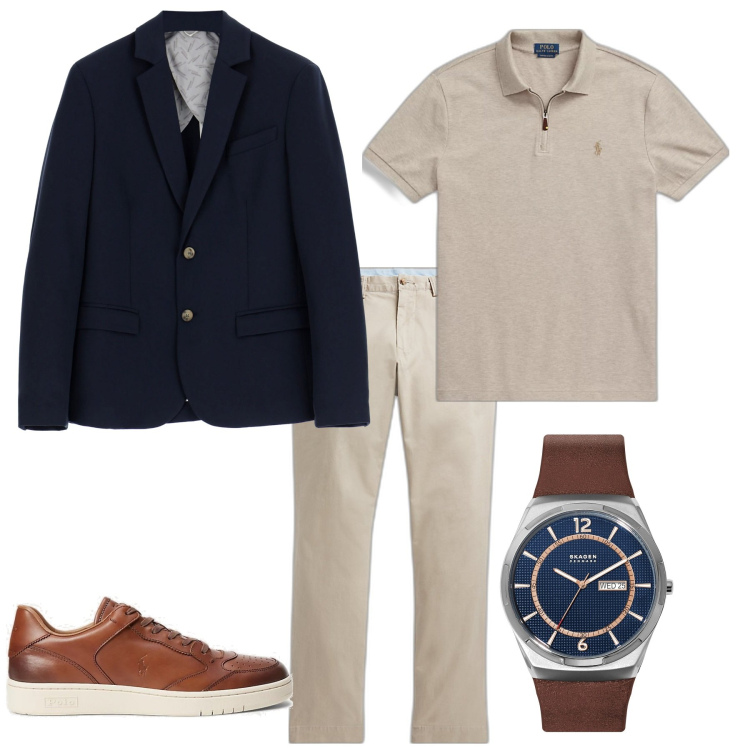 Outfit uomo - Trendy per l ufficio blu e beige. Stile Trendy per Ufficio. Abbinamento con orologi, giacche, pantaloni, polo, scarpe sportive.