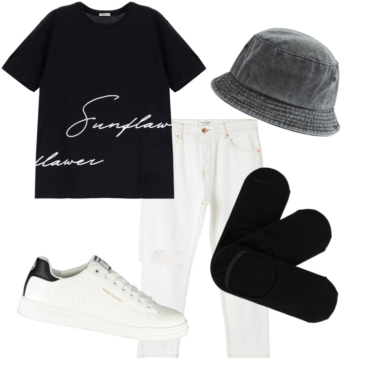 Outfit uomo - Total look #1854907. Stile Casual per Tutti i giorni. Abbinamento con cappelli, jeans strappati, calzini, t-shirt, scarpe sportive.