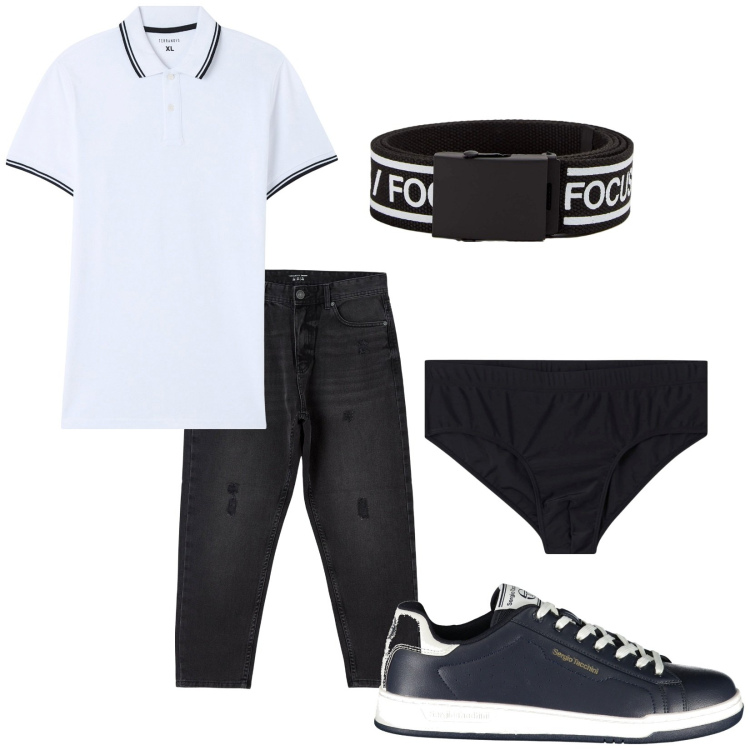 Outfit uomo - Total look #1854909. Stile Casual per Tutti i giorni. Abbinamento con costumi, cinture, polo, jeans strappati, scarpe sportive.