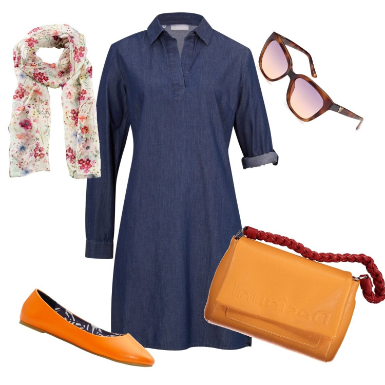 Outfit donna - Denim con ballerine. Stile Basic per Tutti i giorni. Abbinamento con foulard, vestiti, ballerine, borse a spalla, occhiali da sole.
