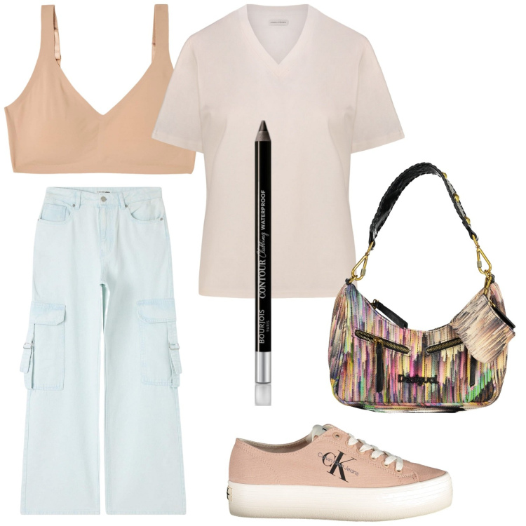 Outfit donna - Total look #1854923. Stile Casual per Tutti i giorni. Abbinamento con eyeliner, jeans, reggiseni a balconcino, scarpe sportive, borse a spalla, t-shirt.