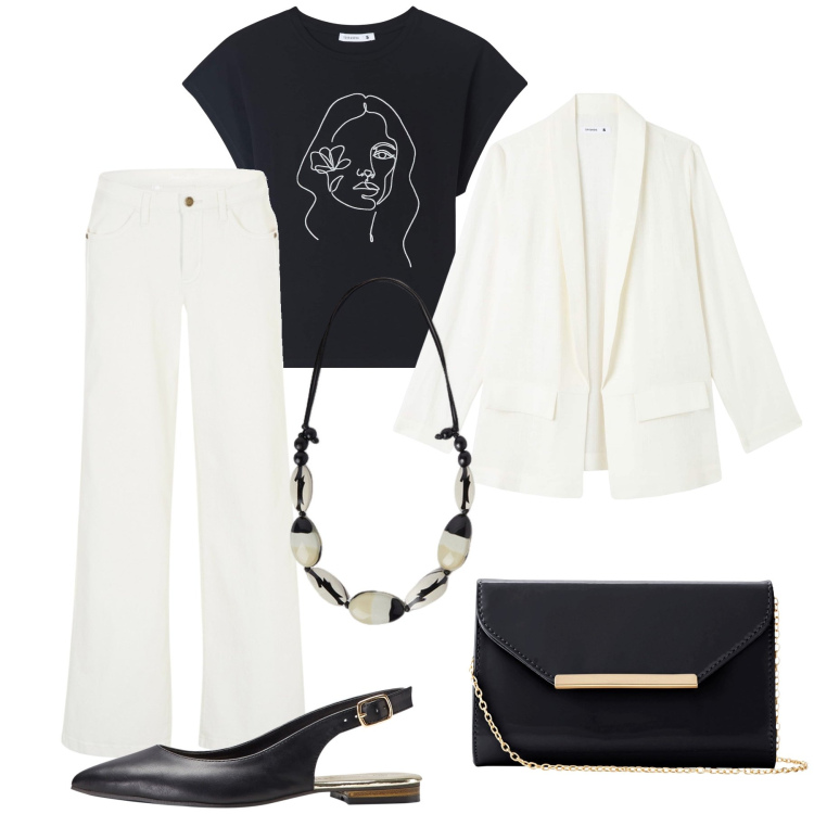 Outfit donna - I jeans bianchi per la sera. Stile Casual chic per Serata fuori. Abbinamento con ballerine, pochette, jeans, t-shirt, blazer, collane.
