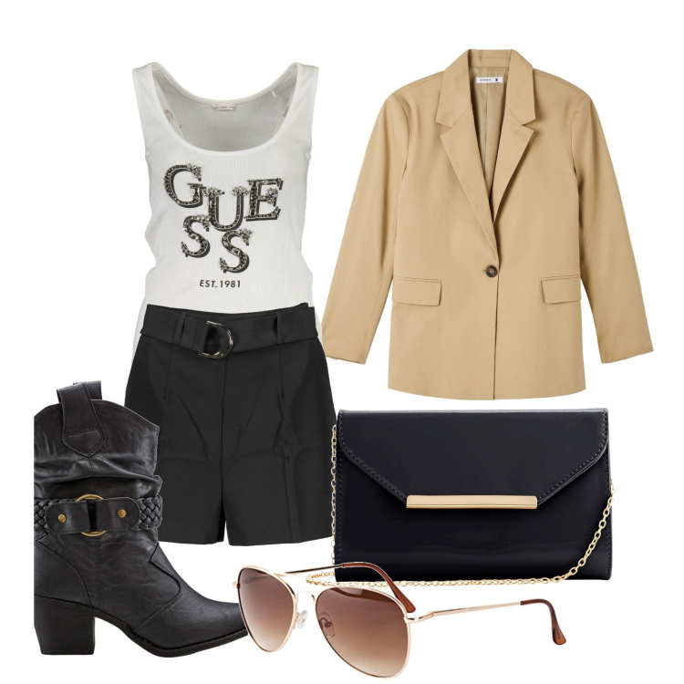 Outfit donna - Ghost outfitter - aprile. Stile Trendy per Tutti i giorni. Abbinamento con occhiali da sole, pochette, stivaletti texani, blazer, pantaloni, canottiere.