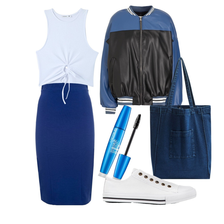 Outfit donna - Ghost outfitter - aprile. Stile Casual chic per Tutti i giorni. Abbinamento con sneakers, blazer, mascara, shopping bag, top, gonne.