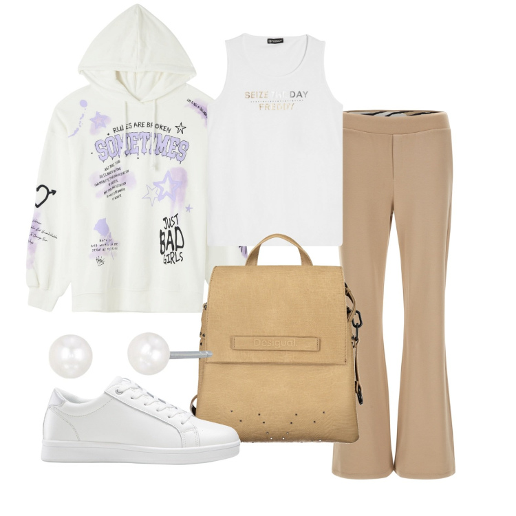 Outfit donna - Ghost outfitter - aprile. Stile Sporty chic per Tutti i giorni. Abbinamento con sneakers, felpe con cappuccio, orecchini, pantaloni, canottiere, zaini.