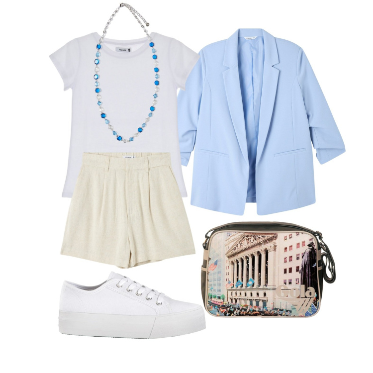 Outfit donna - Ghost outfitter - aprile. Stile Basic per Tutti i giorni. Abbinamento con sneakers, bermuda, blazer, t-shirt, borse a spalla, collane.