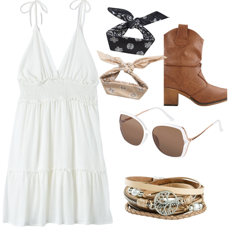 Outfit donna - Musica è!. Stile Casual chic per Tutti i giorni. Abbinamento con stivaletti texani, braccialetti, occhiali da sole, vestiti, fasce per capelli.
