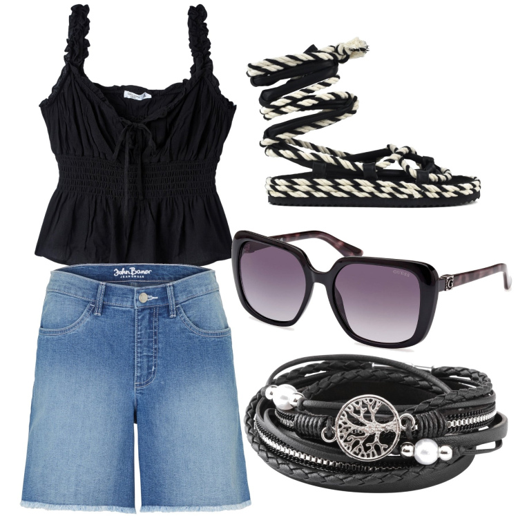 Outfit donna - Festival in nero. Stile Casual per Tutti i giorni. Abbinamento con braccialetti, shorts, top, sandali, occhiali da sole.