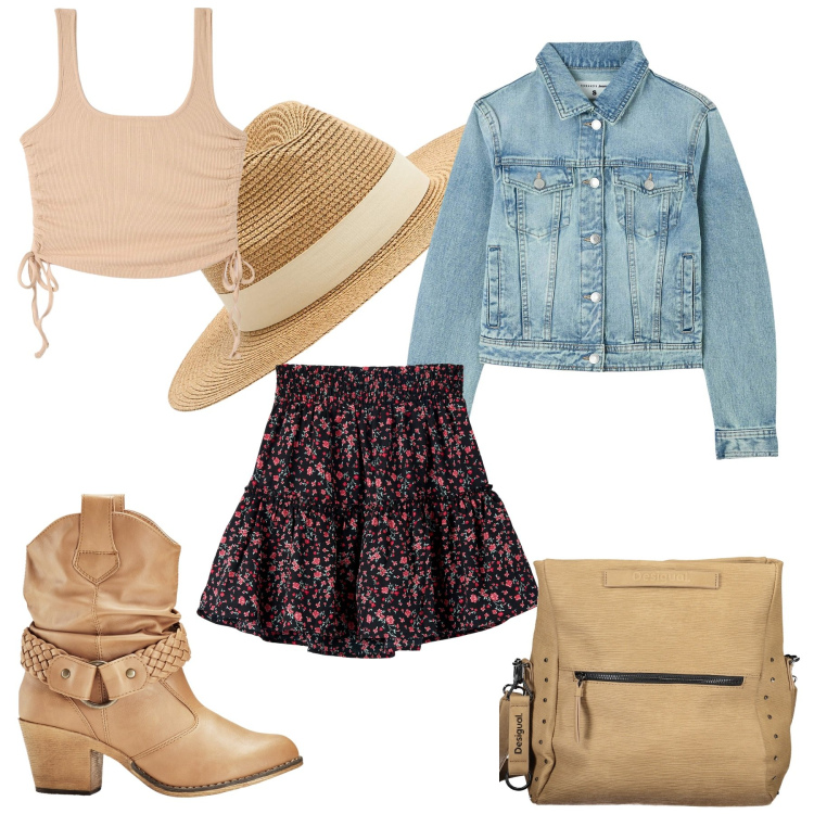 Outfit donna - L\'amica estrosa, cowgirl style. Stile Etnico per Tutti i giorni. Abbinamento con stivaletti texani, cappelli, canottiere, gonne, blazer, borse a spalla.