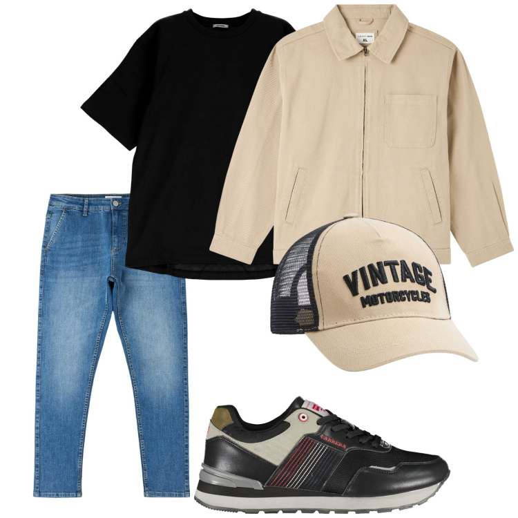 Outfit uomo - Total look #1854959. Stile Casual per Tutti i giorni. Abbinamento con giacche, jeans skinny, cappelli, t-shirt, scarpe sportive.