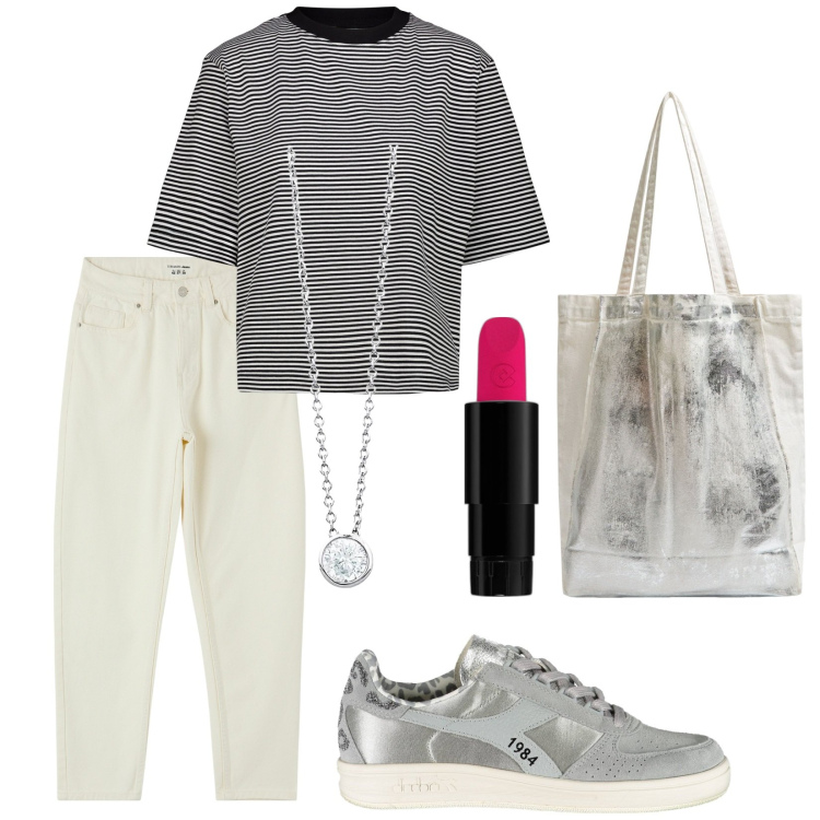 Outfit donna - Quel tocco di colore. Stile Urban per Tutti i giorni. Abbinamento con rossetti, collane, jeans mom, shopping bag, scarpe sportive, t-shirt.