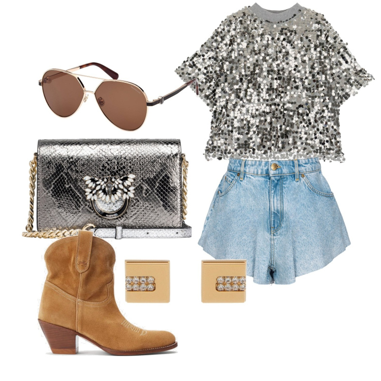 Outfit donna - Ghost outfitter - aprile. Stile Urban per Tutti i giorni. Abbinamento con orecchini, borse a tracolla, shorts, stivaletti, t-shirt, occhiali da sole.