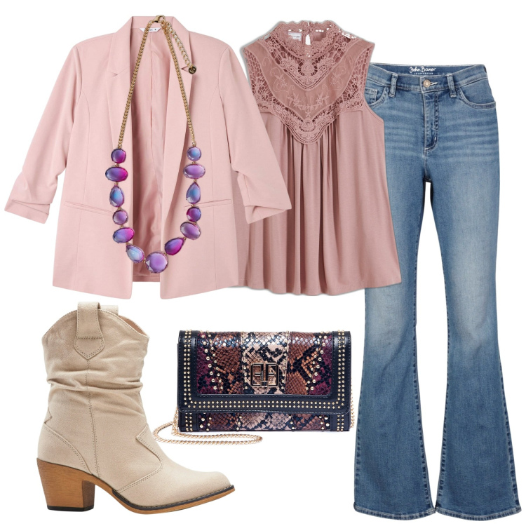 Outfit donna - Pink lady. Stile 70s per Tutti i giorni. Abbinamento con top, stivaletti texani, jeans bootcut, blazer, pochette, collane.