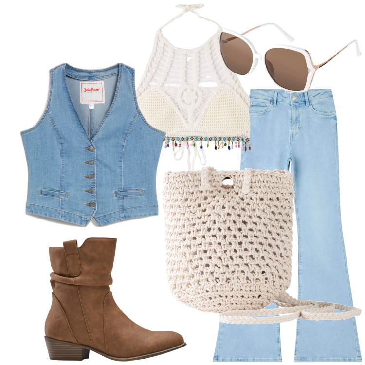 Outfit donna - Top avorio. Stile Vintage retrò per Serata fuori. Abbinamento con gilet, stivaletti texani, borse a tracolla, occhiali da sole, jeans a zampa, top.