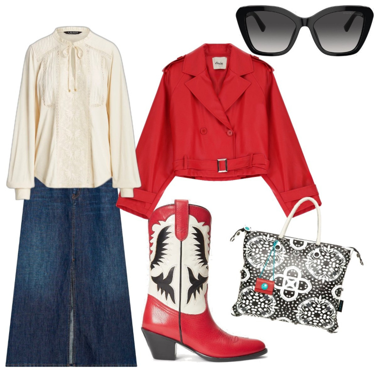 Outfit donna - Tutti gli sguardi addosso. Stile Boho per Tutti i giorni. Abbinamento con blazer, occhiali da sole, bluse, stivaletti texani, gonne lunghe, shopping bag.