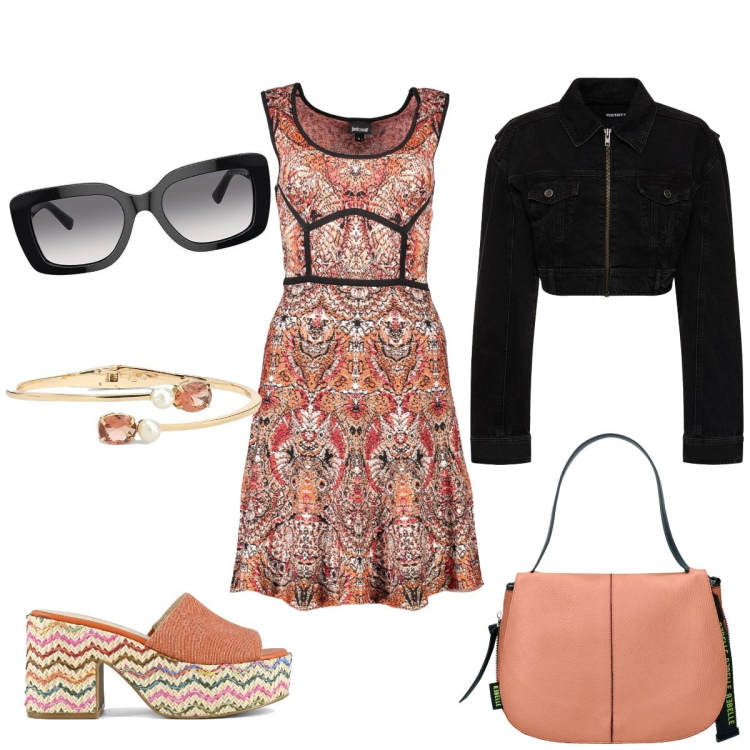 Outfit donna - Sciallata in rosa e nero. Stile Casual chic per Tutti i giorni. Abbinamento con occhiali da sole, braccialetti, sandali, vestiti corti, borse a tracolla, blazer.