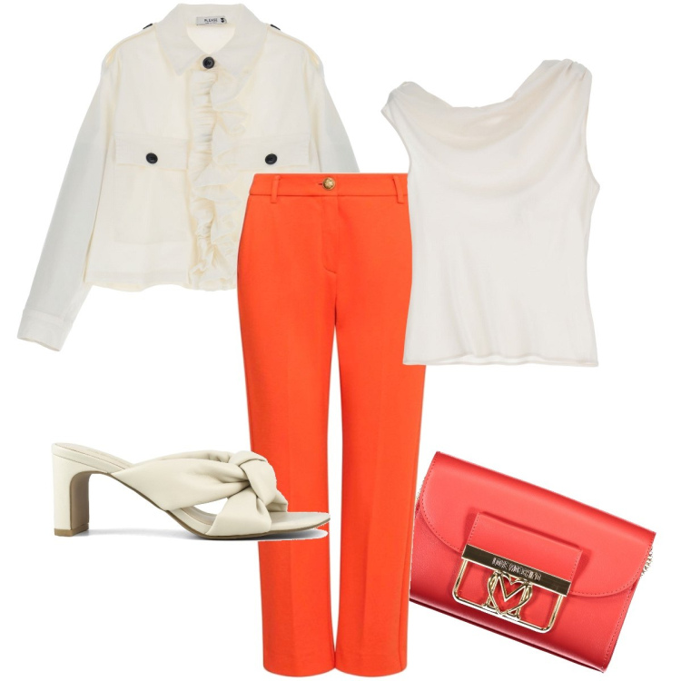 Outfit donna - Il pantalone arancione. Stile Bon Ton per Ufficio. Abbinamento con blazer, canottiere, sandali col tacco, pantaloni, borse a tracolla.