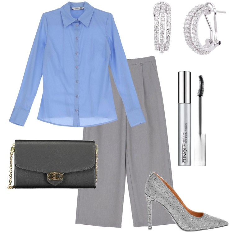 Outfit donna - Elegante per la sera. Stile Bon Ton per Serata fuori. Abbinamento con mascara, orecchini, camicie, pantaloni a palazzo, décolleté, pochette.