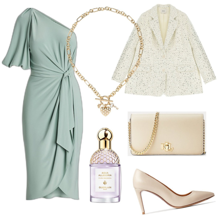 Outfit donna - Cerimonia taglia curvy. Stile Chic per Cerimonia. Abbinamento con profumi, blazer, vestiti asimmetrici, décolleté, borse a mano, ciondoli.