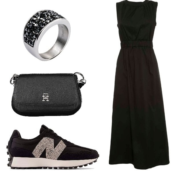 Outfit donna - Sneakers di sera!. Stile Chic per Cerimonia. Abbinamento con anelli, vestiti lunghi, sneakers, borse a tracolla.