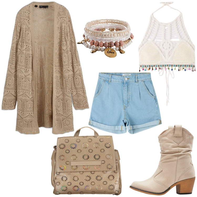 Outfit donna - Speciale Coachella Festival. Stile Boho per Tutti i giorni. Abbinamento con cardigans, stivaletti texani, braccialetti, top, shorts, zaini.
