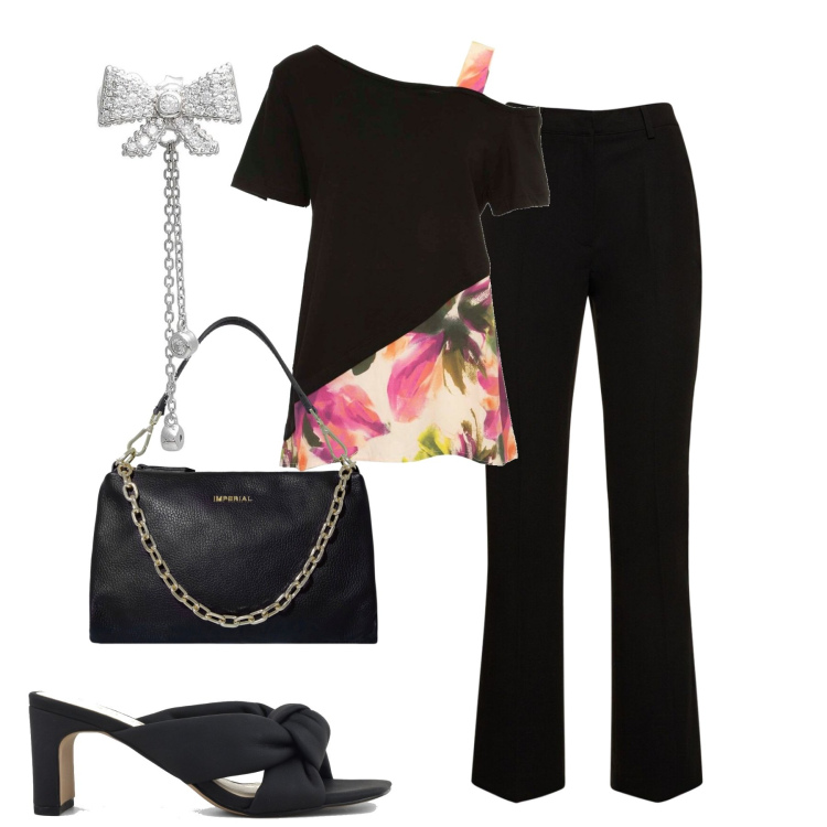 Outfit donna - City. Stile Casual chic per Tutti i giorni. Abbinamento con orecchini, pochette, sandali col tacco, pantaloni, t-shirt.