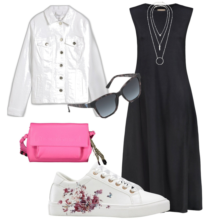 Outfit donna - Sneakers primavera. Stile Basic per Tutti i giorni. Abbinamento con sneakers, ciondoli, blazer, vestiti midi/longuette, borse a spalla, occhiali da sole.