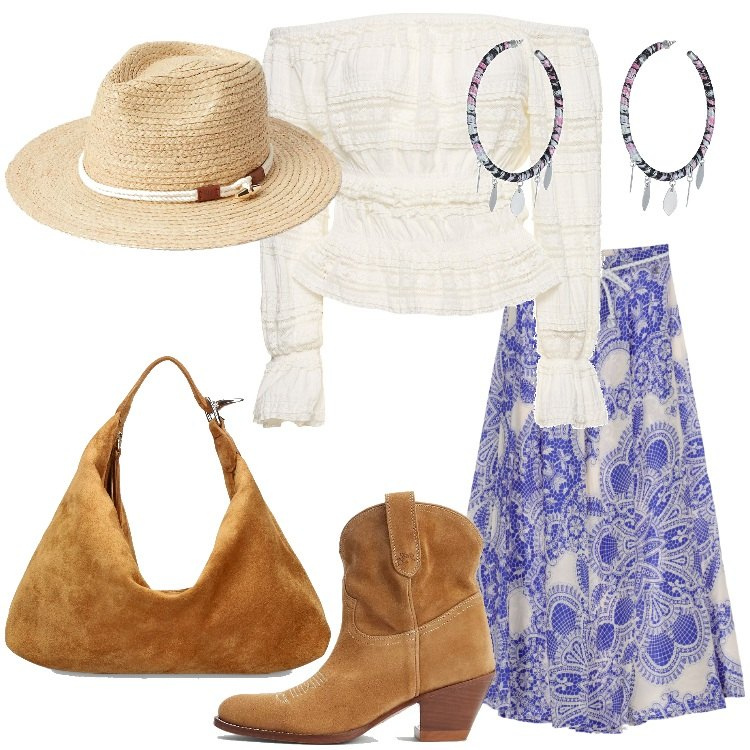 Outfit donna - Speciale Coachella Festival. Stile Etnico per Tutti i giorni. Abbinamento con orecchini, stivaletti, sciarpe, gonne lunghe, pochette, vestiti.