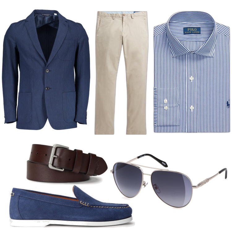 Outfit uomo - Elegante ma non troppo. Stile Trendy per Cerimonia. Abbinamento con cinture, pantaloni, scarpe stringate, camicie, giacche, occhiali da sole.