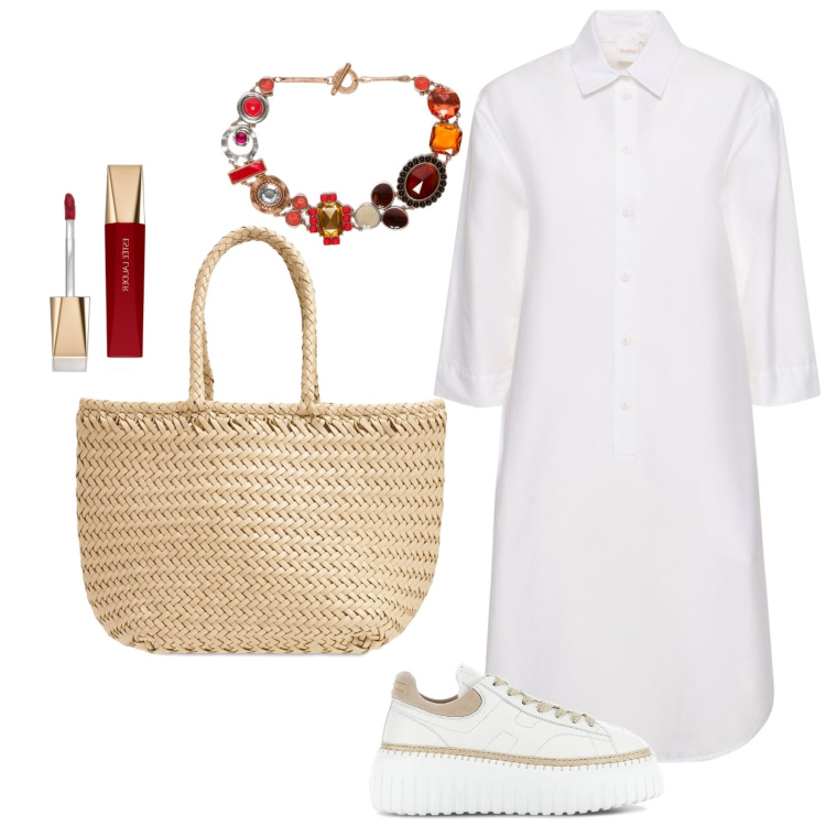 Outfit donna - Bianco. Stile Casual chic per Tutti i giorni. Abbinamento con rossetti, vestiti midi/longuette, borse a mano, sneakers, collane.