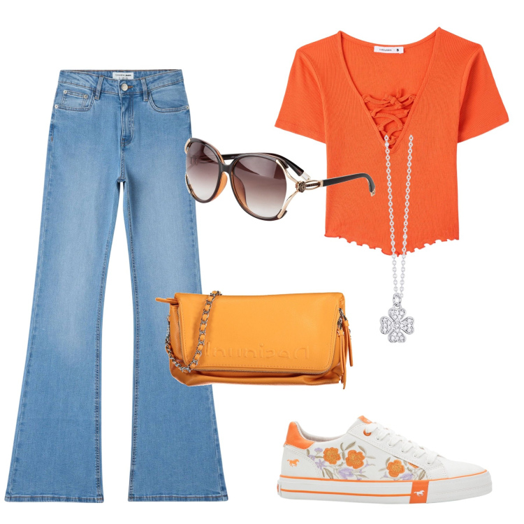 Outfit donna - Colorful sneakers. Stile 70s per Tutti i giorni. Abbinamento con sneakers, occhiali da sole, jeans a zampa, t-shirt, collane, borse a mano.