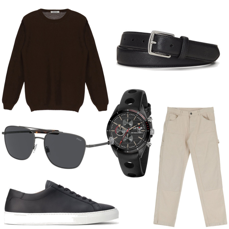 Outfit uomo - Vengo a prenderti stasera. Stile Casual per Tutti i giorni. Abbinamento con orologi, pantaloni, pullovers, cinture, occhiali da sole, sneakers.