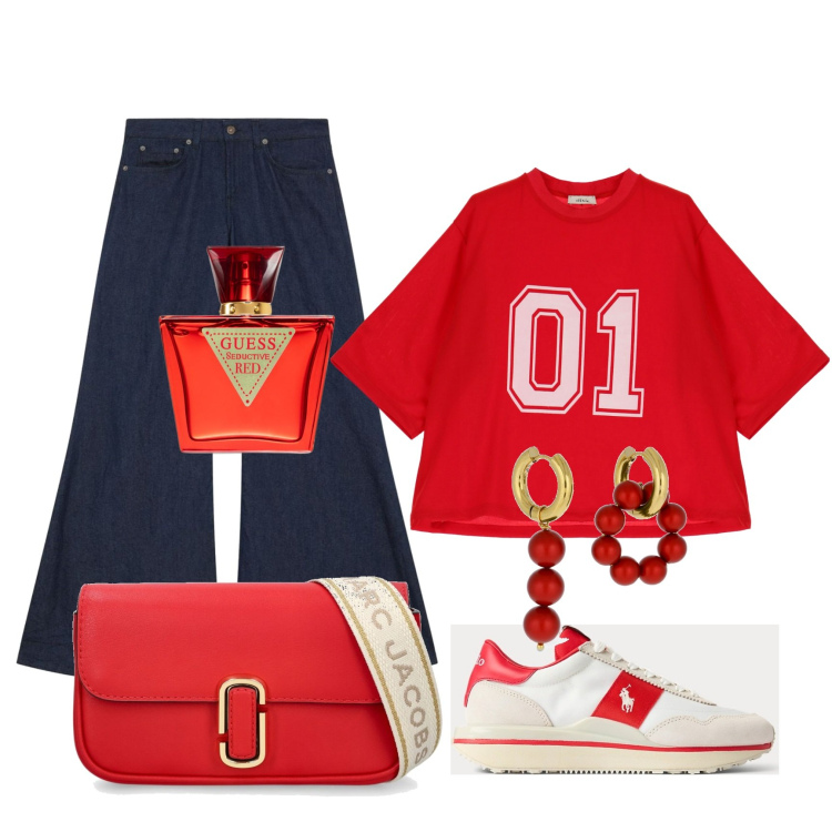 Outfit donna - Rosso che passione. Stile Casual per Tutti i giorni. Abbinamento con profumi, t-shirt, sneakers, orecchini, borse a spalla, jeans.