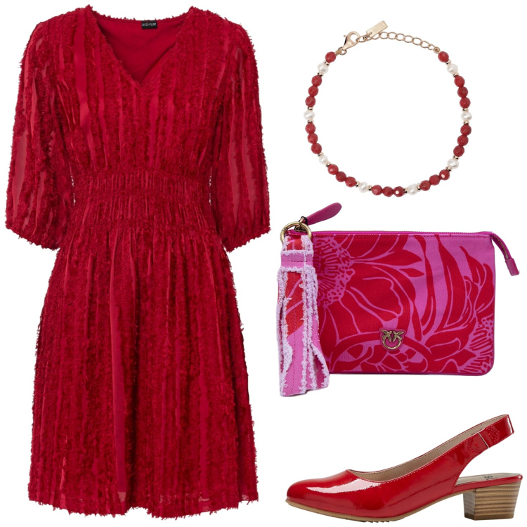 Outfit donna - Il pranzo. Stile Glamour per Tutti i giorni. Abbinamento con décolleté, vestiti, braccialetti, pochette.
