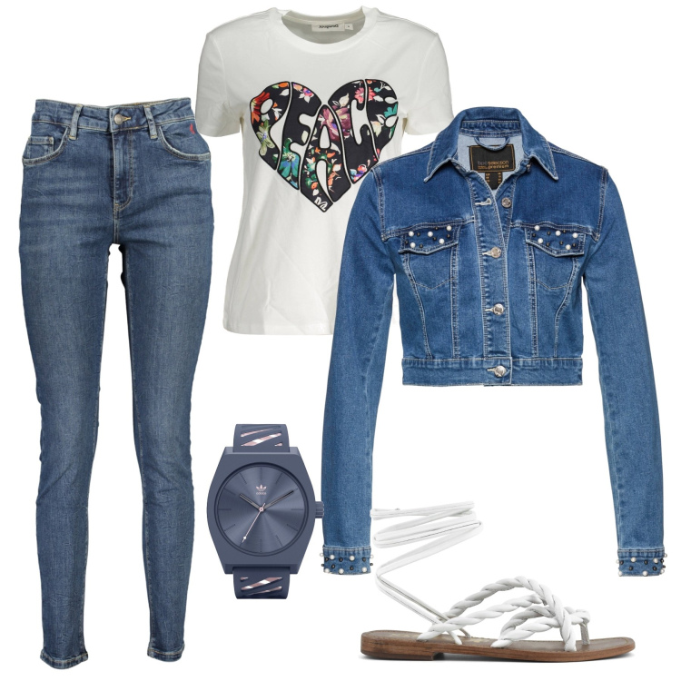 Outfit donna - Total denim. Stile Glamour per Tutti i giorni. Abbinamento con orologi, blazer, sandali, t-shirt, jeans slim fit.