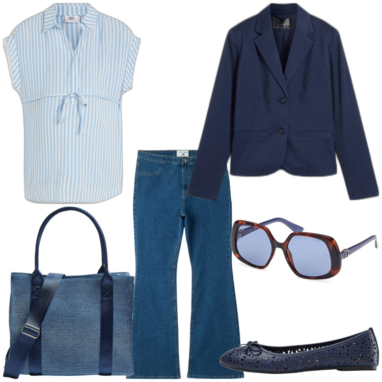 Outfit donna - Casual chic curvy. Stile Casual chic per Tutti i giorni. Abbinamento con ballerine, bluse, blazer, jeggings, shopping bag, occhiali da sole.