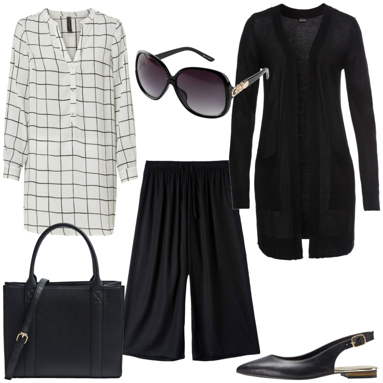 Outfit donna - Bianco e nero basico. Stile Basic per Tutti i giorni. Abbinamento con ballerine, occhiali da sole, bluse, cardigans, shopping bag, pantaloni a palazzo.
