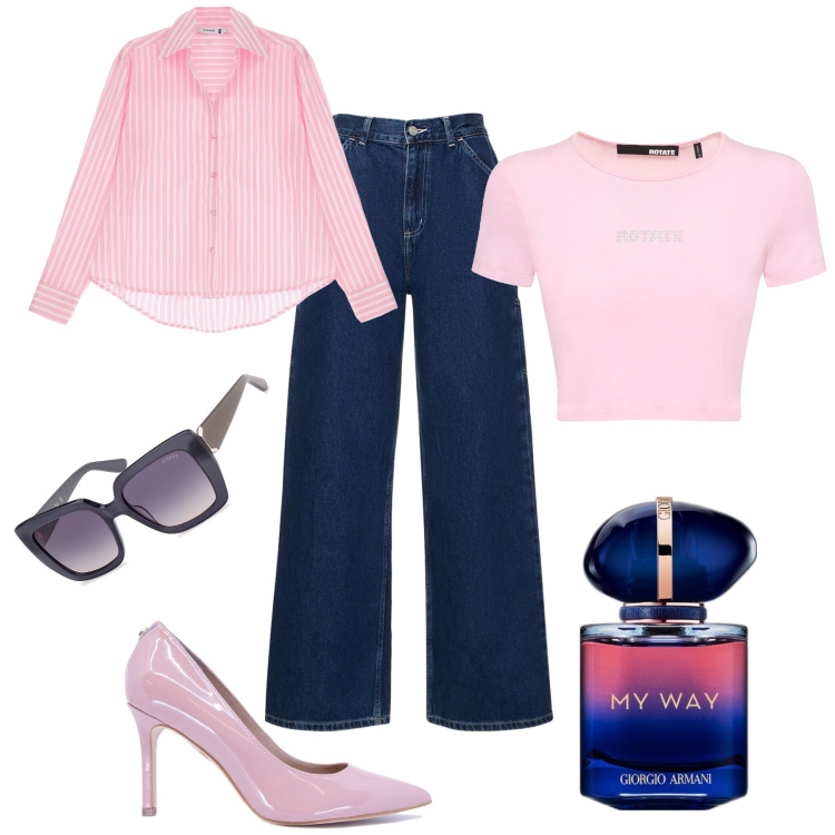 Outfit donna - My Way. Stile Trendy per Tutti i giorni. Abbinamento con profumi, camicie, occhiali da sole, t-shirt, pantaloni, décolleté.