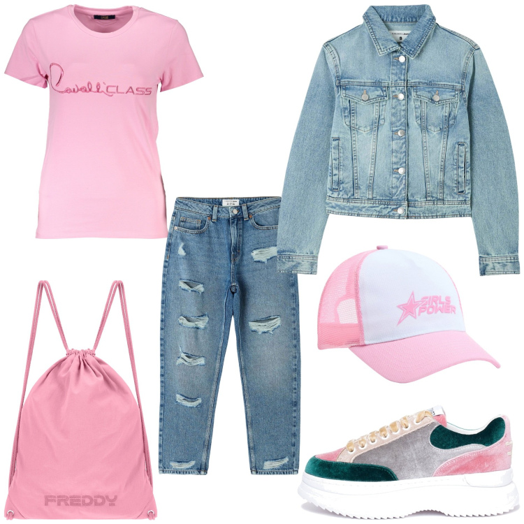 Outfit donna - Ultimi giorni di scuola. Stile Urban per Scuola/Università. Abbinamento con jeans mom, cappelli, blazer, sneakers, zaini, t-shirt.