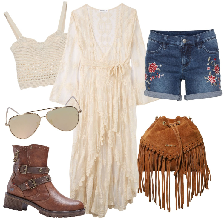 Outfit donna - Coachella - la borsa con le frange. Stile Romantica per Serata fuori. Abbinamento con shorts, stivaletti, vestiti da spiaggia, top, borse a secchiello, occhiali da sole.