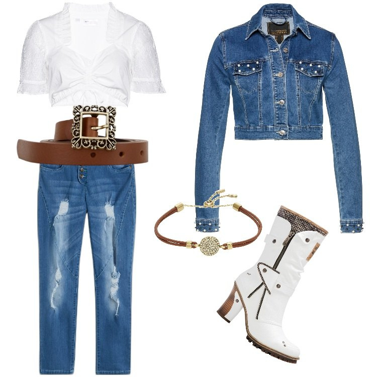 Outfit donna - Total look #1855178. Stile Trendy per Serata fuori. Abbinamento con jeans boyfriend, stivali, blazer, camicie, braccialetti, cinture.