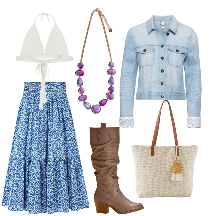 Outfit donna - Coachella Mood. Stile Etnico per Mare. Abbinamento con blazer, stivali, shopping bag, gonne lunghe, top, collane.