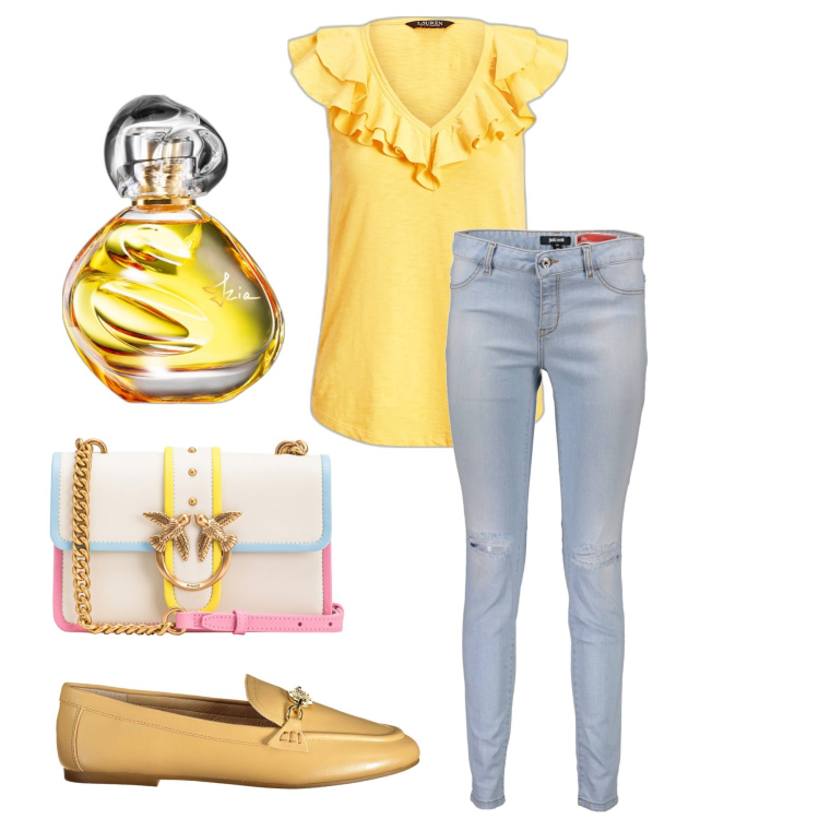 Outfit donna - Estiva e colorata. Stile Casual chic per Tutti i giorni. Abbinamento con profumi, borse a tracolla, top, mocassini, jeans strappati.
