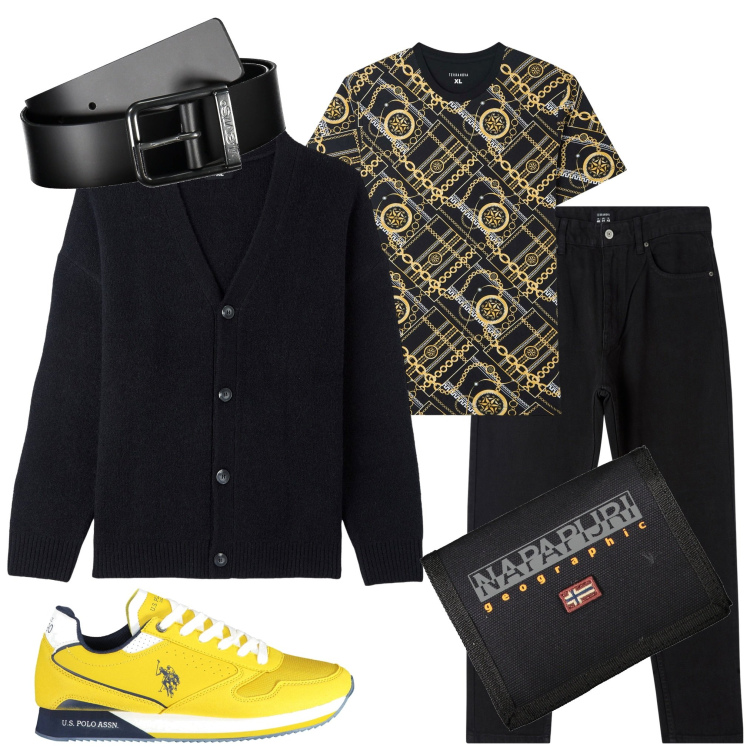 Outfit uomo - Giallo e nero. Stile Casual per Tutti i giorni. Abbinamento con t-shirt, pantaloni, cardigans, scarpe sportive, cinture, portafogli.